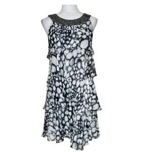 Studio I Womens Black Grey Tiered Sleeveless Accent Neckline Midi Dress Size 12